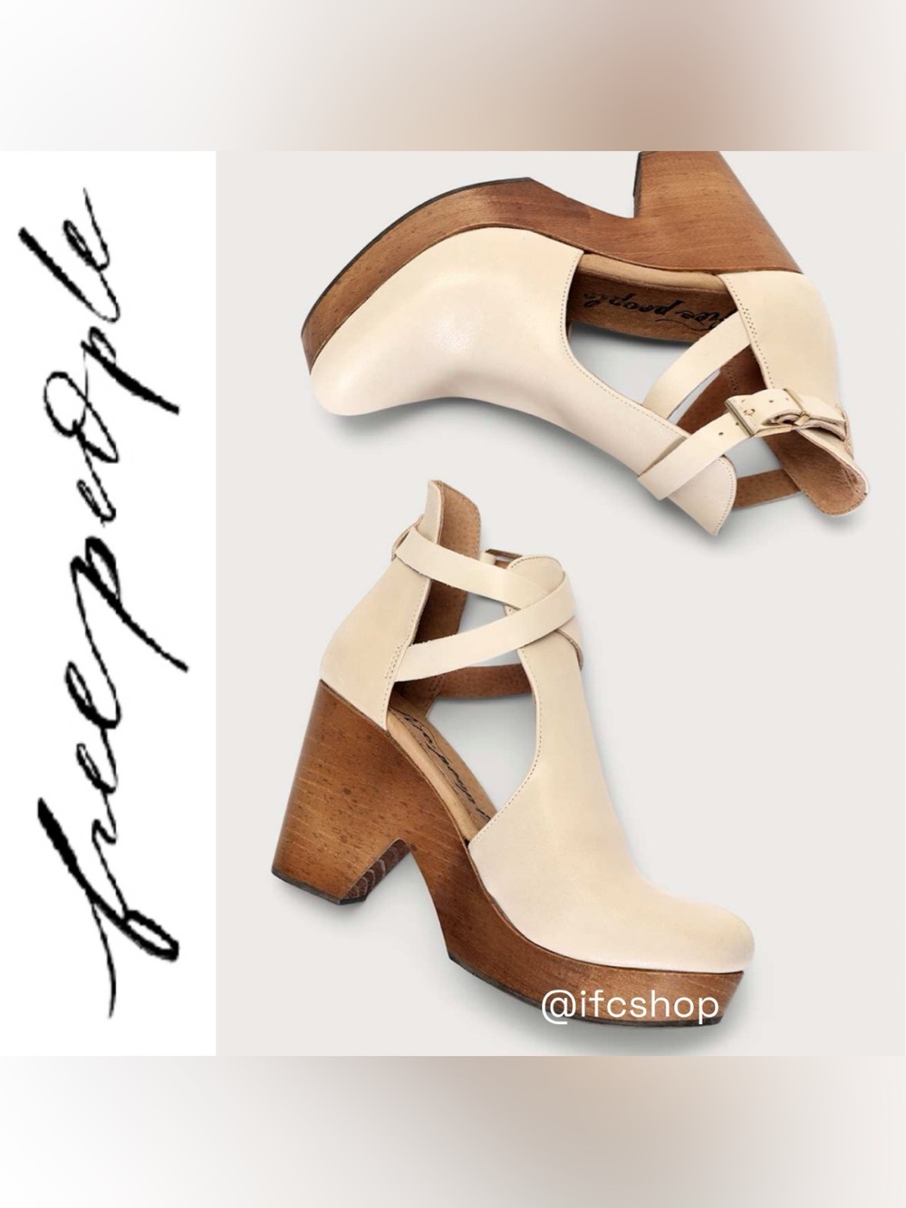 Free People Cedar Afterglow Beige Leather Wood Clogs 38